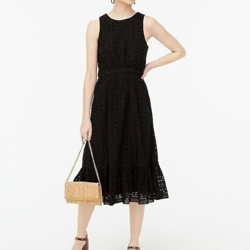 J. Crew Factory eyelet tiered sleeveless midi dress, 100% cotton, black, size 00